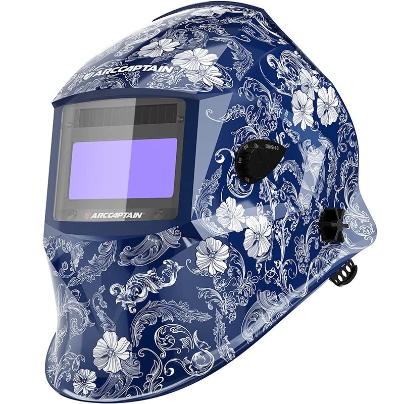 A blue and white auto-darkening welding helmet with a large true color view window.