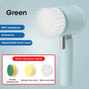 A light blue cordless electric spin scrubber with a white brush head and three interchangeable brush heads shown next to it.