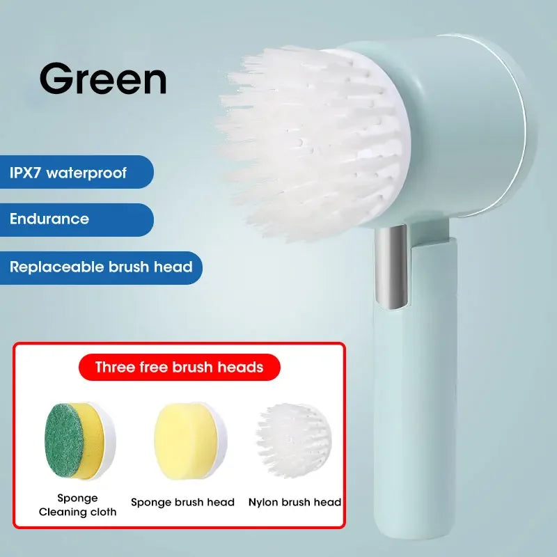 A light blue cordless electric spin scrubber with a white brush head and three interchangeable brush heads shown next to it.