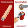 A wooden handwheel with a metal fitting and a red component, showing fastening connection and ergonomic handle design.