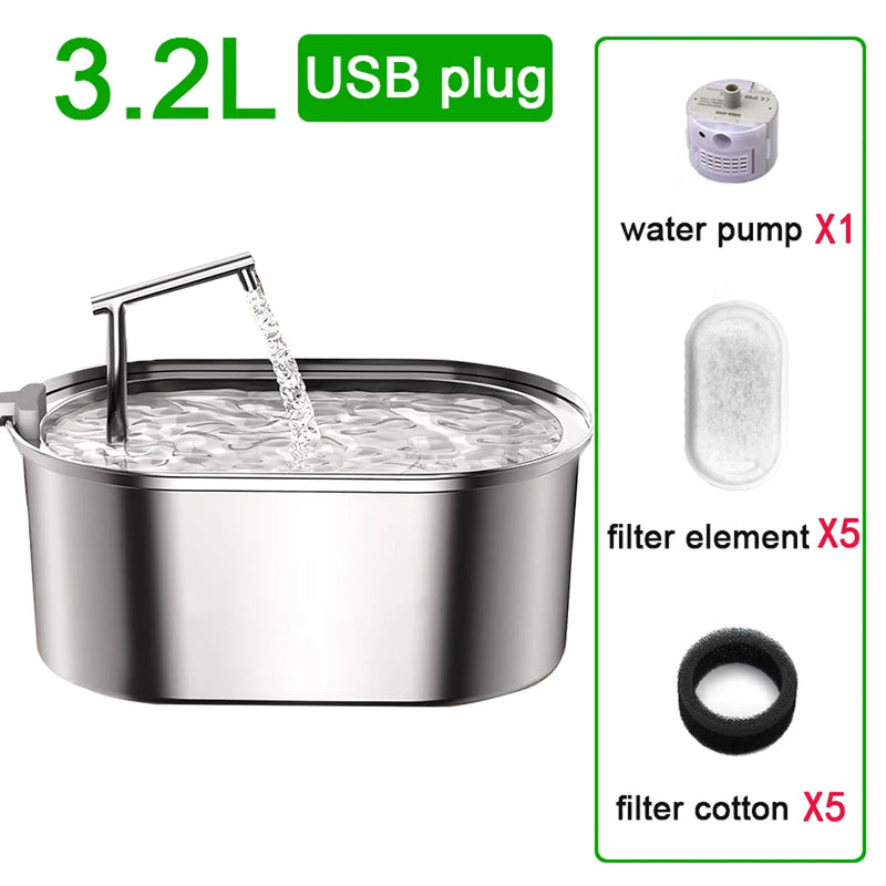 Fuente de Agua para Mascotas de Acero Inoxidable 3.2L