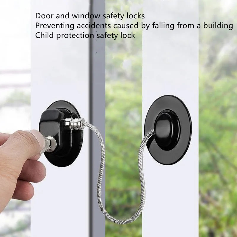 A hand is operating a door and window safety lock, which is a child protection safety lock designed to prevent accidents.