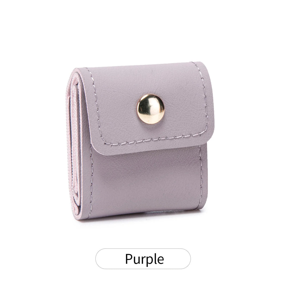 A light purple compact PU leather jewelry organizer pouch with a gold-colored snap closure.