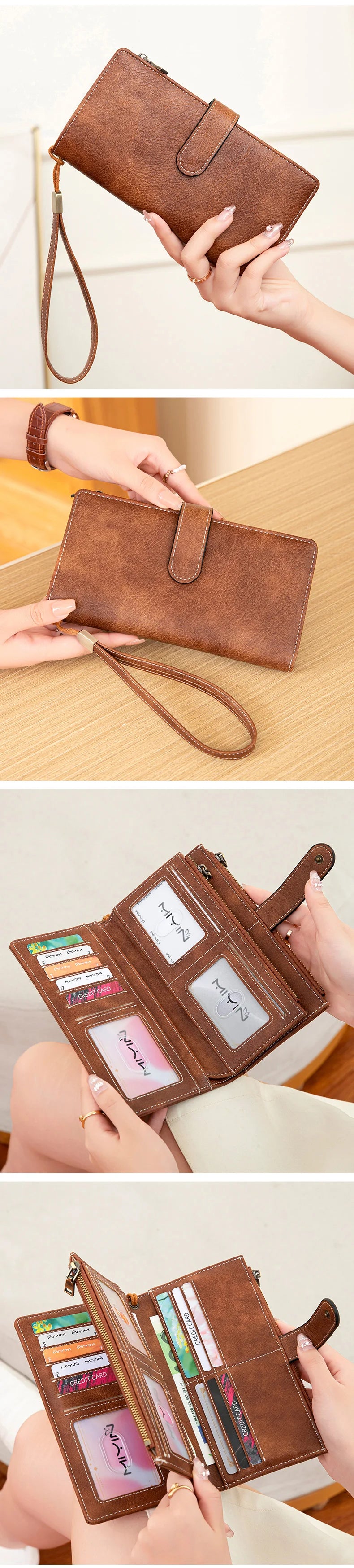 Vintage RFID-Blocking Long Wallet with Wristlet Strap