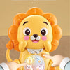 A yellow lion-themed music piano keyboard toy with various animal sound effects and lights being played by a child's hand.