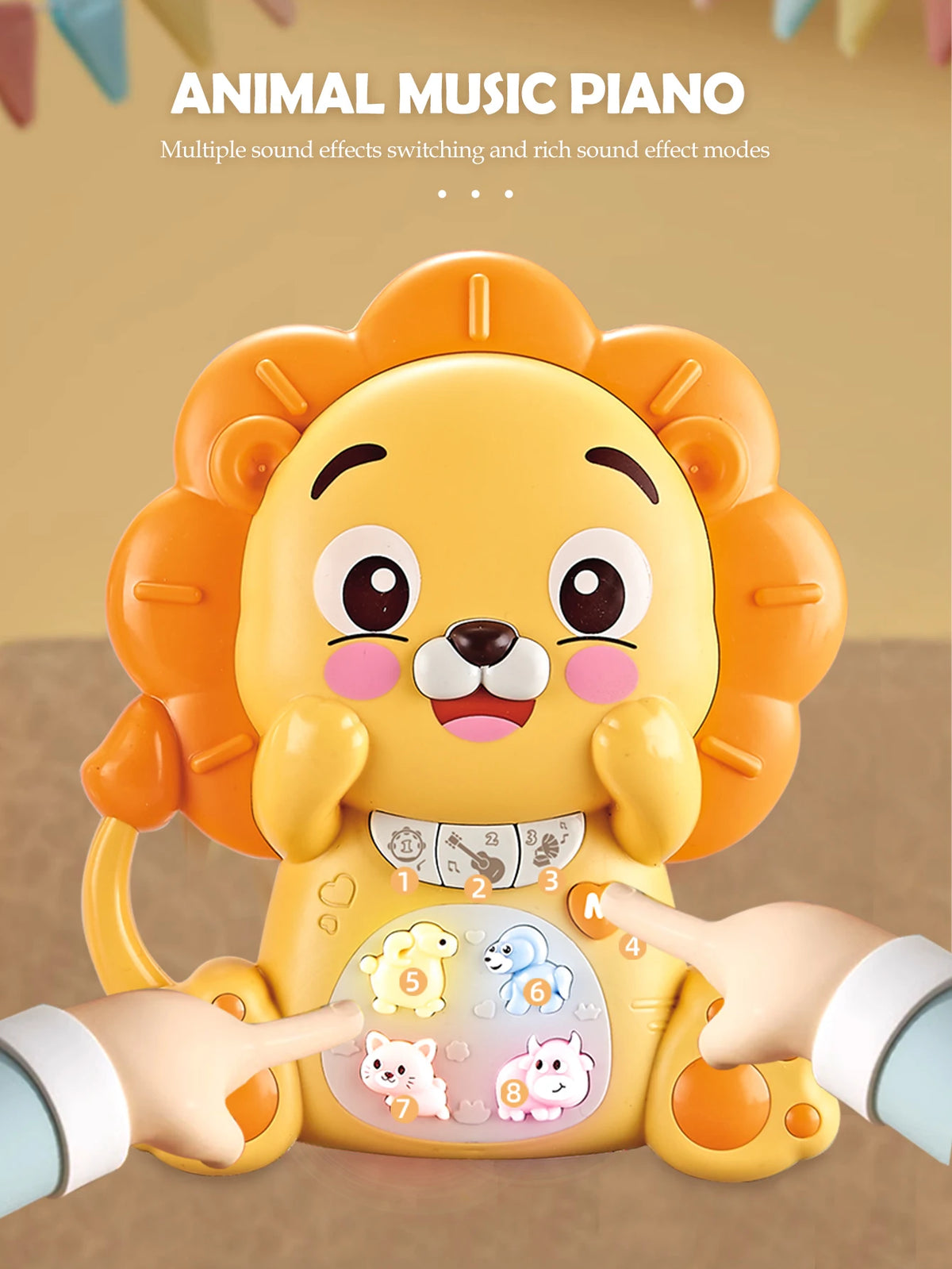A yellow lion-themed music piano keyboard toy with various animal sound effects and lights being played by a child's hand.