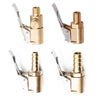 A set of brass tire inflator quick-connect adapters with clip-on locks shown in various angles.