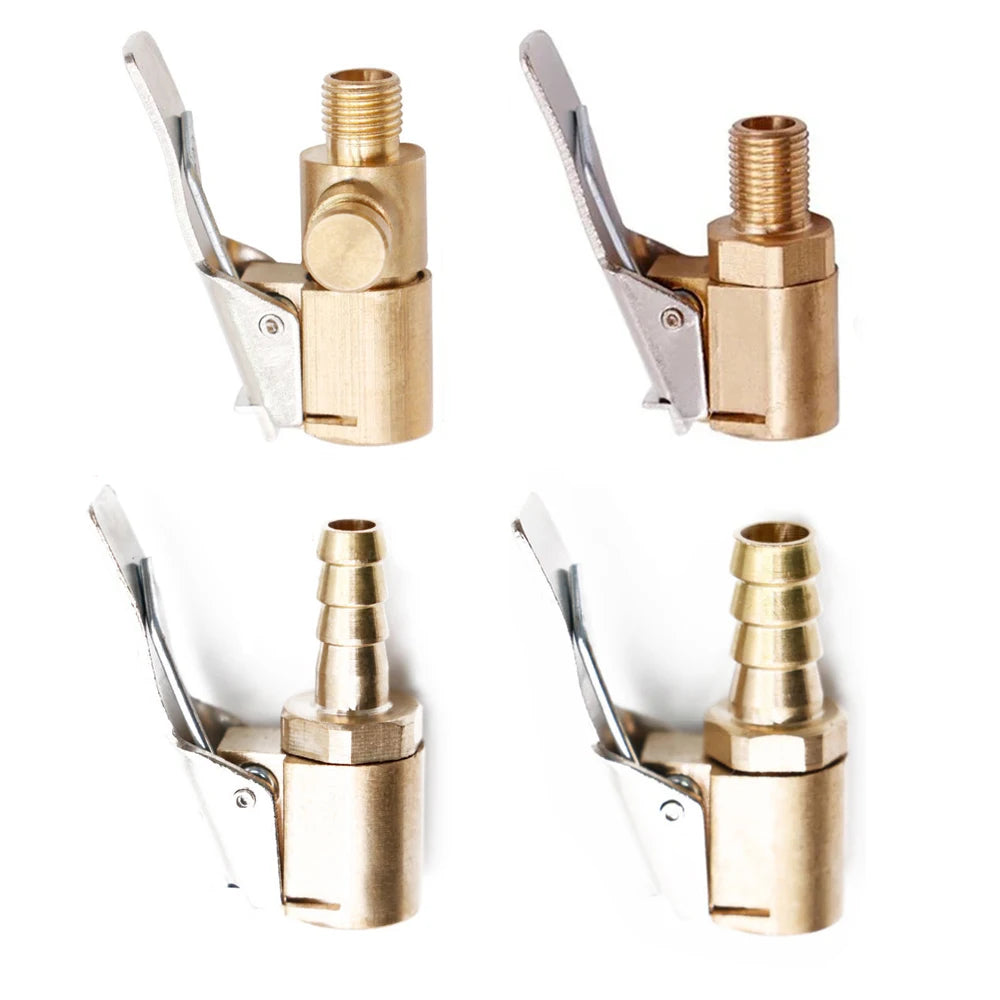 A set of brass tire inflator quick-connect adapters with clip-on locks shown in various angles.
