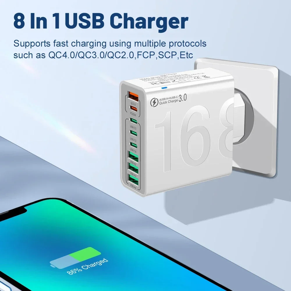 8-Port USB-C Fast Wall Charger for Multiple Devices
