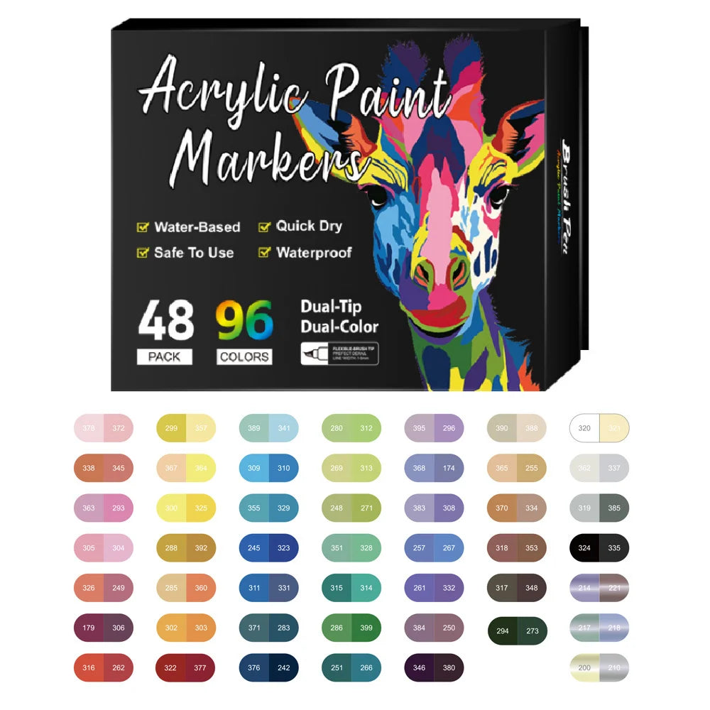 Box mit Acrylmarkern mit Doppelspitze, 48 bis 96 Farben, weiche Pinselspitzen
