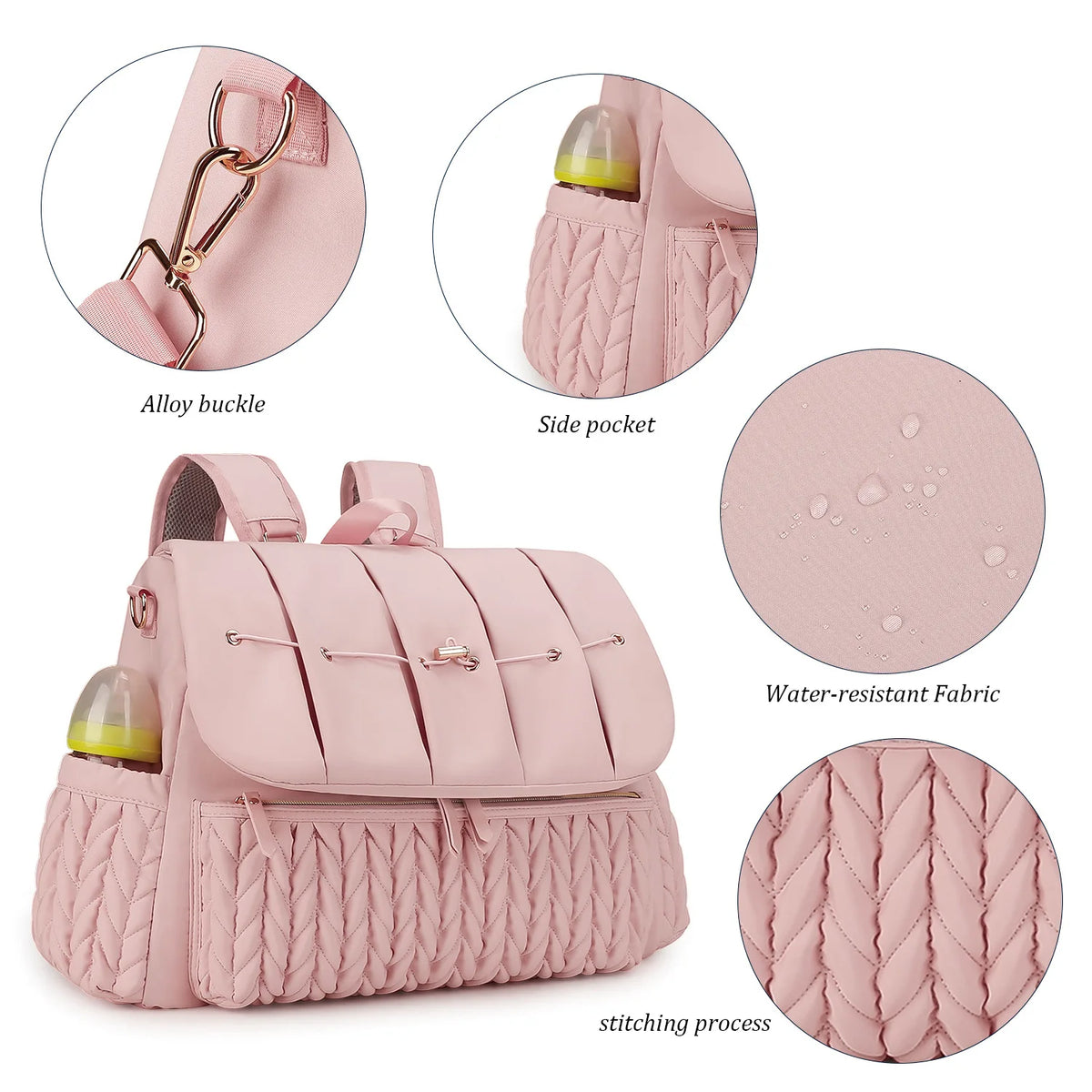 Pink waterproof diaper bag featuring alloy buckles, side pockets, and quilted fabric details.