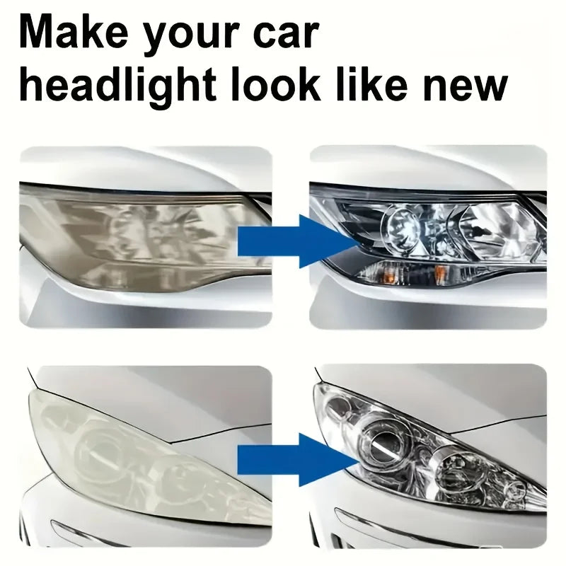 Before and after comparison showing a headlight restoration spray removing yellowing from a car headlight.