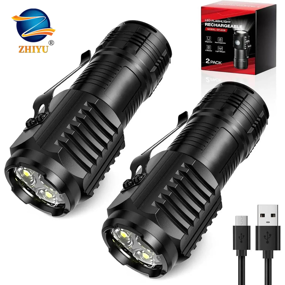 Two black rechargeable LED flashlight units shown from the front and side.