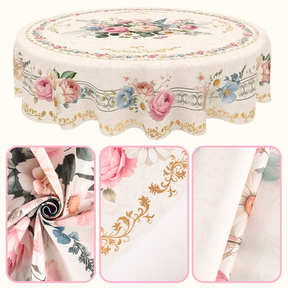 Vintage floral tablecloth with pink and blue roses and greenery on a round dining table.
