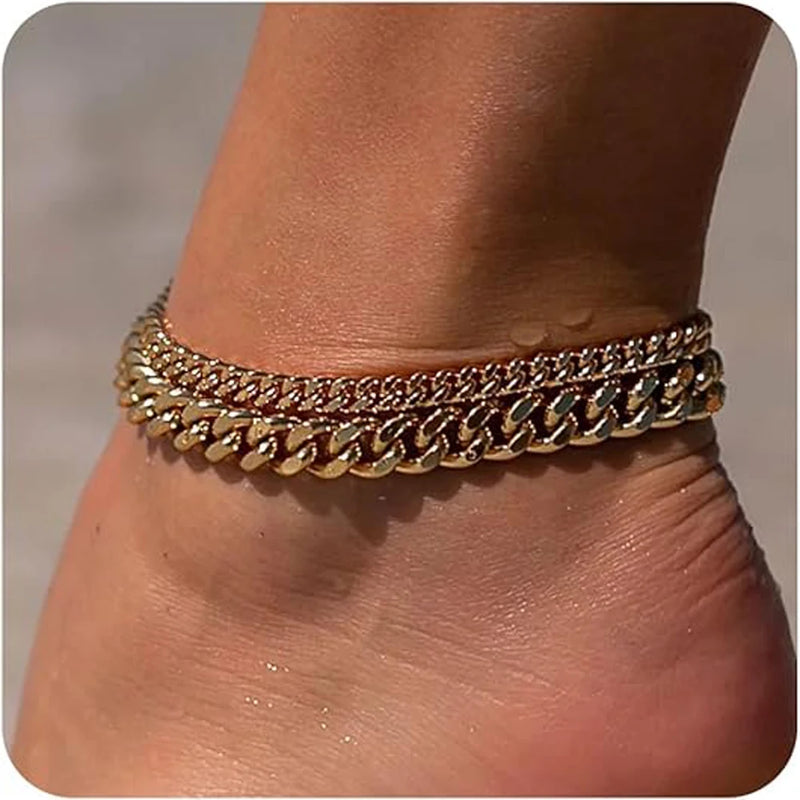 14K Gold-Plated Cuban Chain Anklet Set