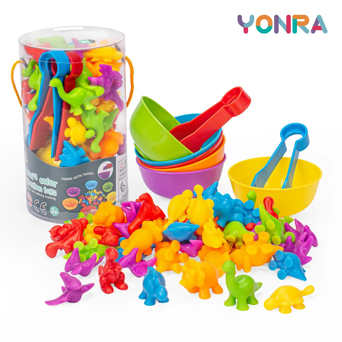 A set of colorful animal sorting toys for toddlers including plastic figures and cups.