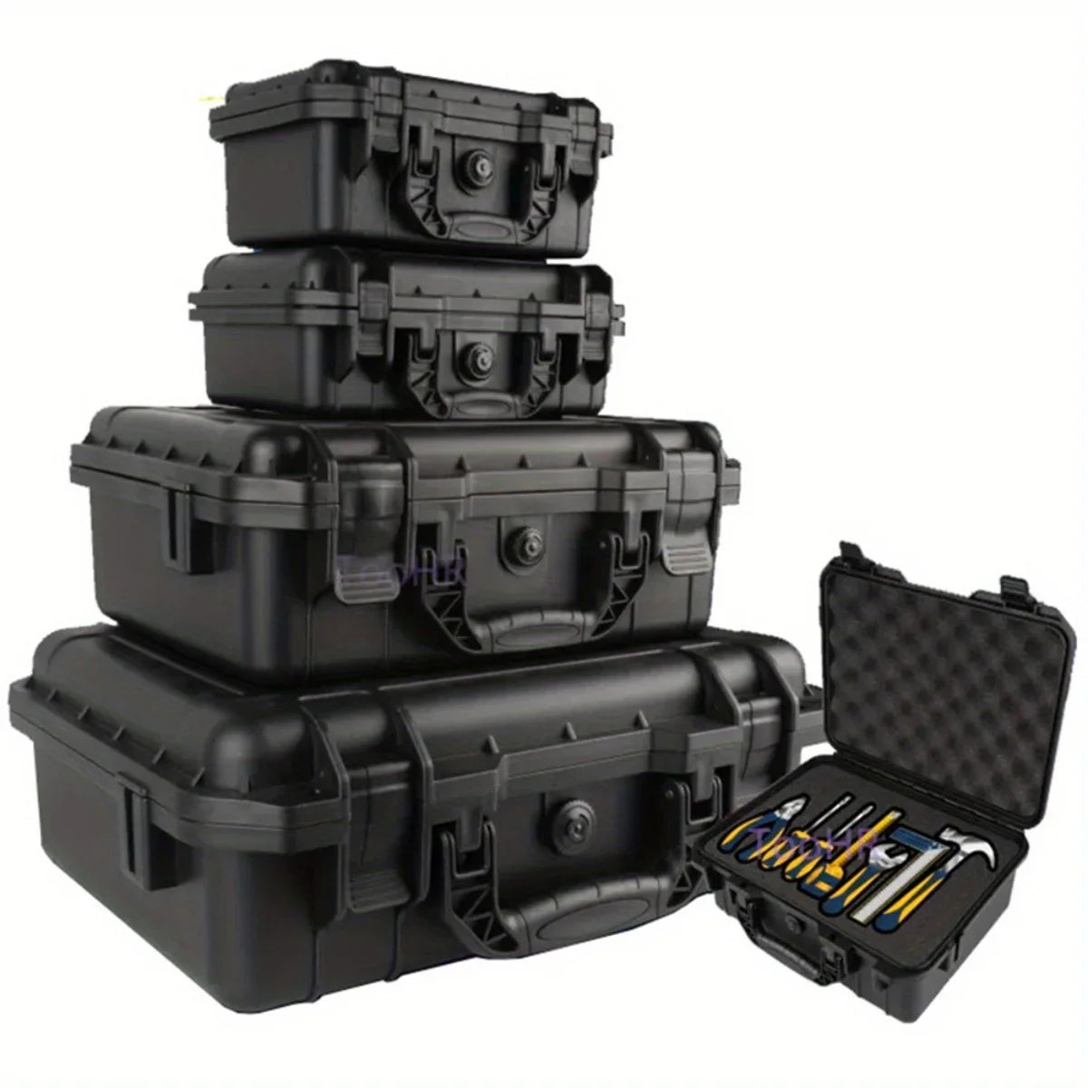 A stack of black rugged waterproof hard cases with an open case showing tools and equipment inside.