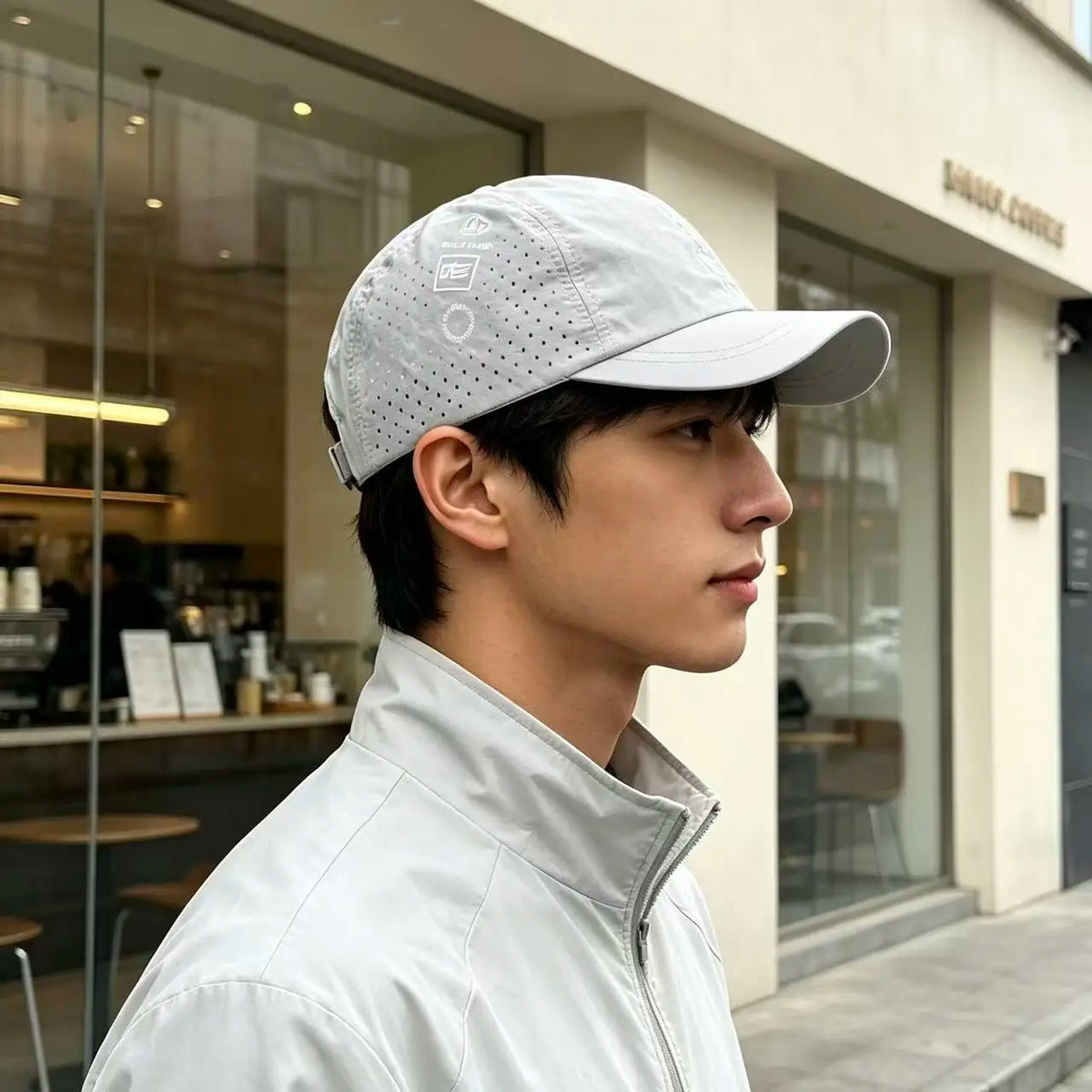 A young man wearing a light gray short brim mesh baseball cap and a white jacket stands in front of a glass storefront.