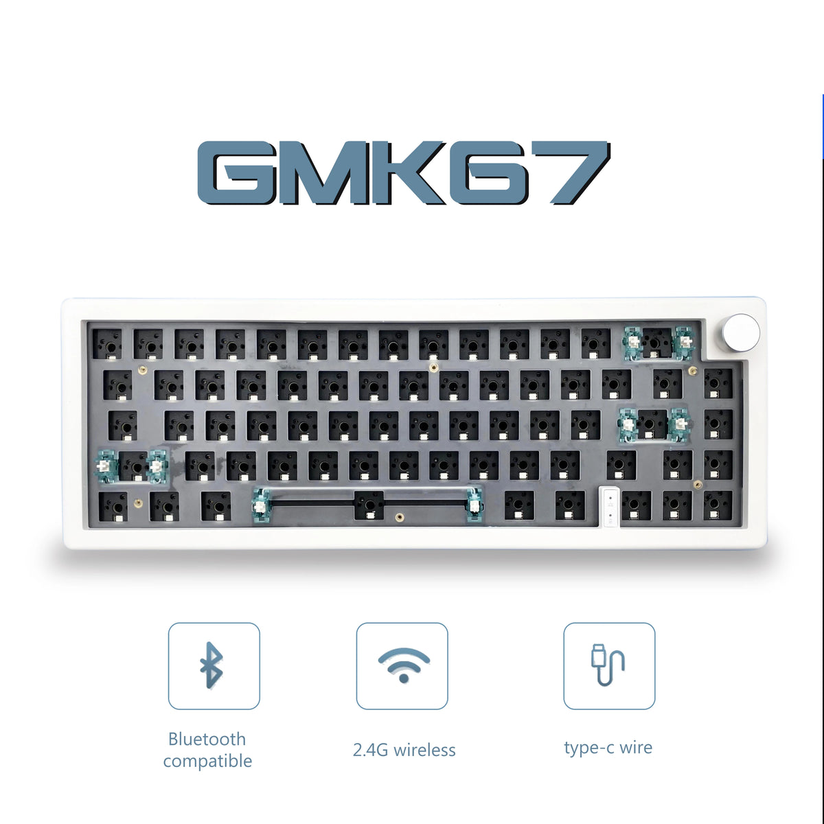 Teclado mecánico de 67 teclas intercambiables con interruptores, perilla de volumen y varias opciones de conexión.