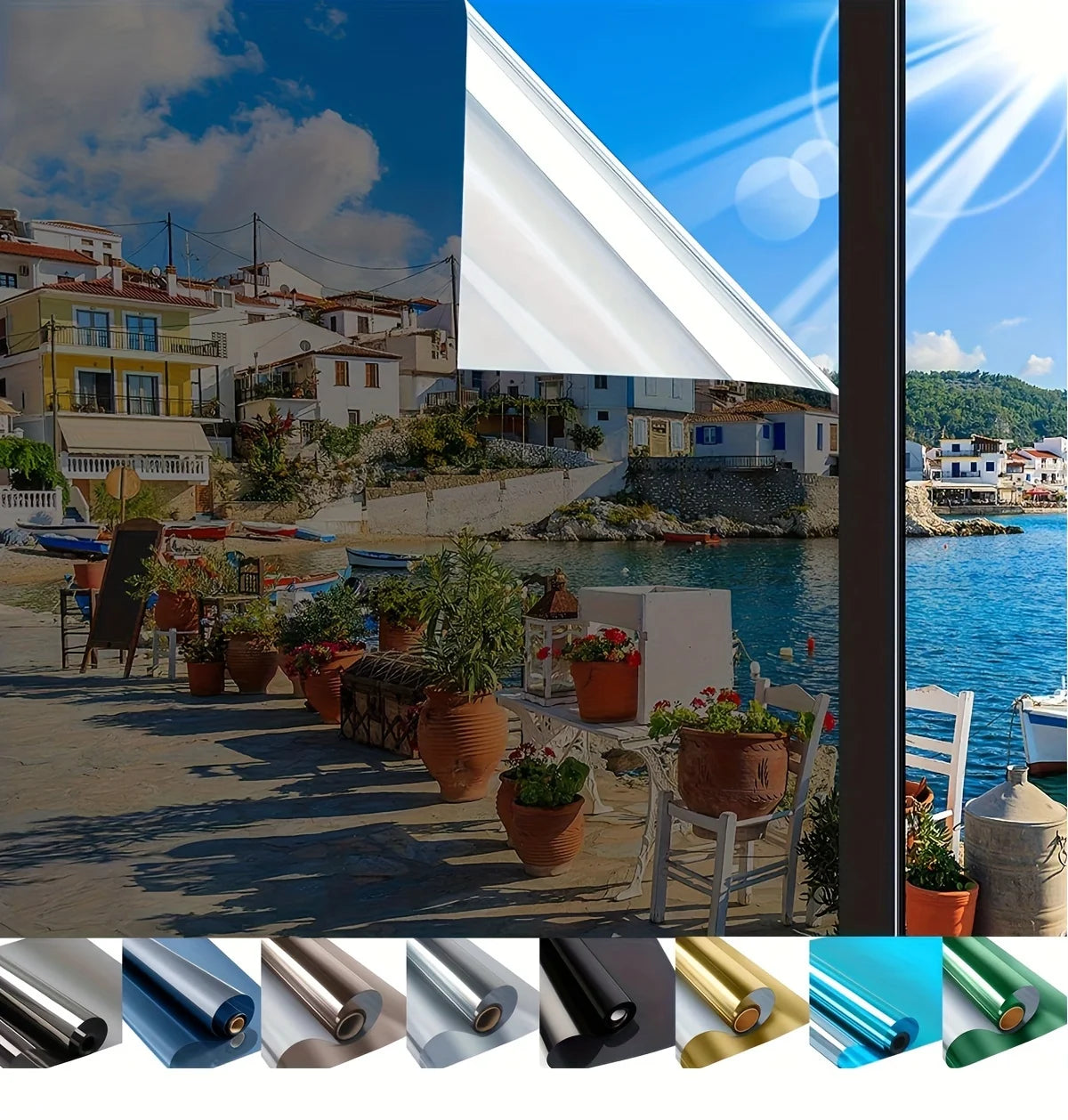 Rolls of frosted privacy window film in various colors including blue, silver, black, and gold.