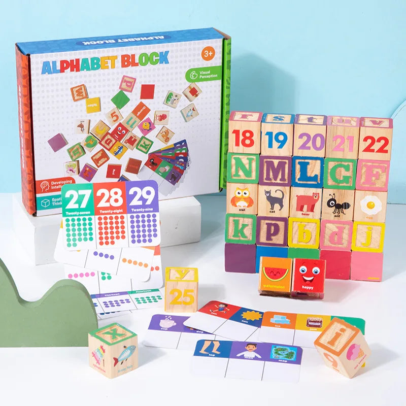 A set of alphabet blocks and wooden tiles for early learning education