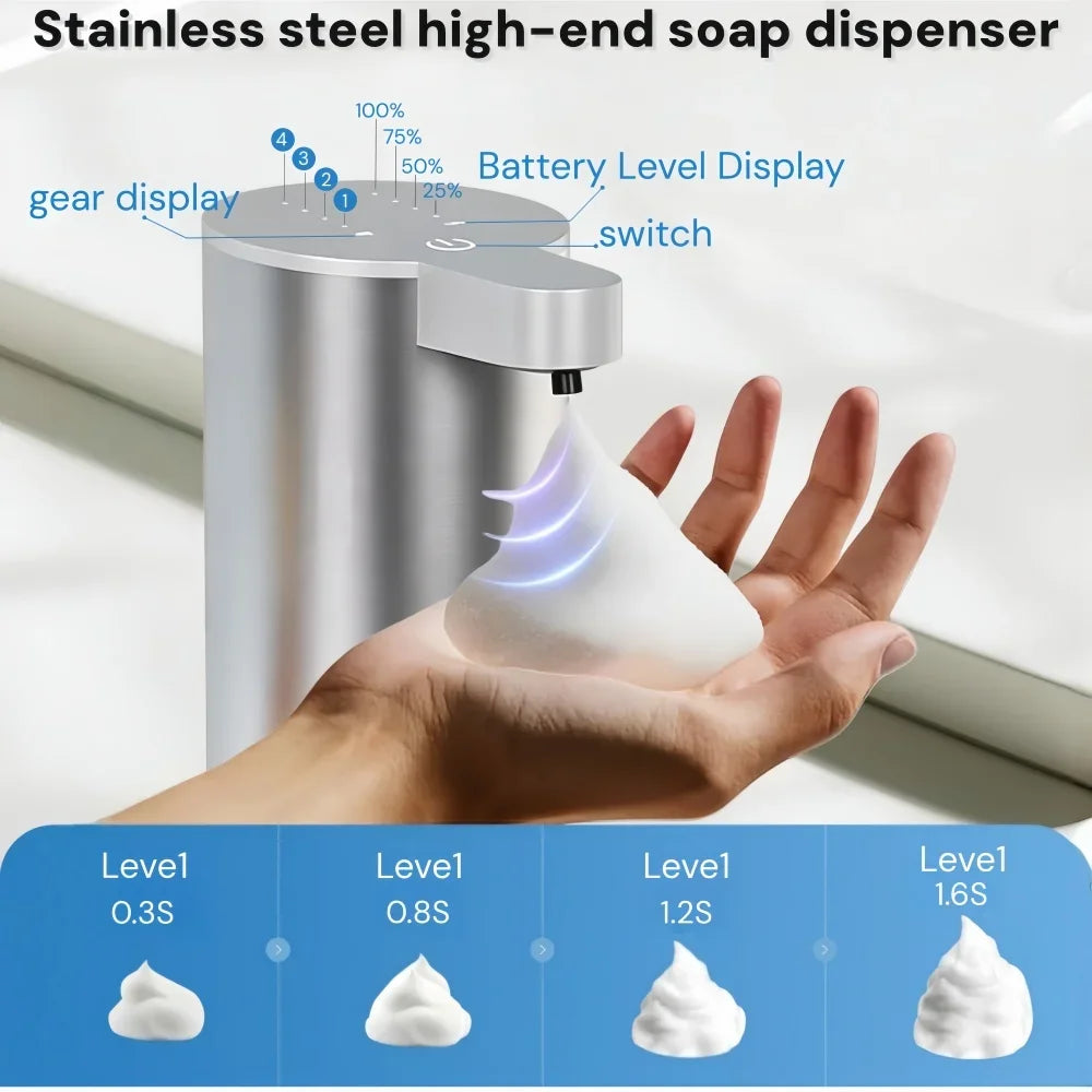 A hand holds a stainless steel automatic foam soap dispenser with various level settings displayed on the base.