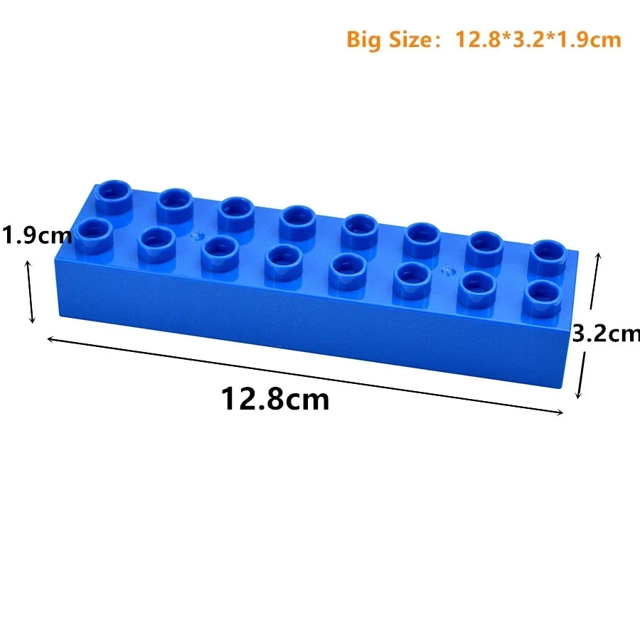 A blue plastic building block set measuring 12.8cm long, 3.2cm wide, and 1.9cm high.