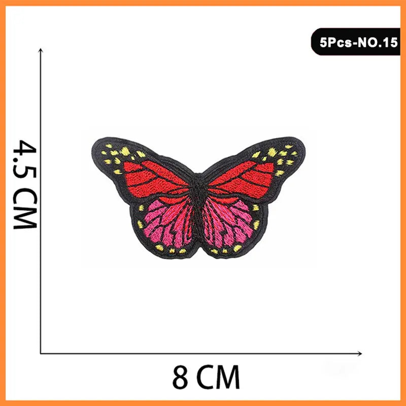 Five embroidered iron-on patches featuring a vibrant red and pink butterfly design.