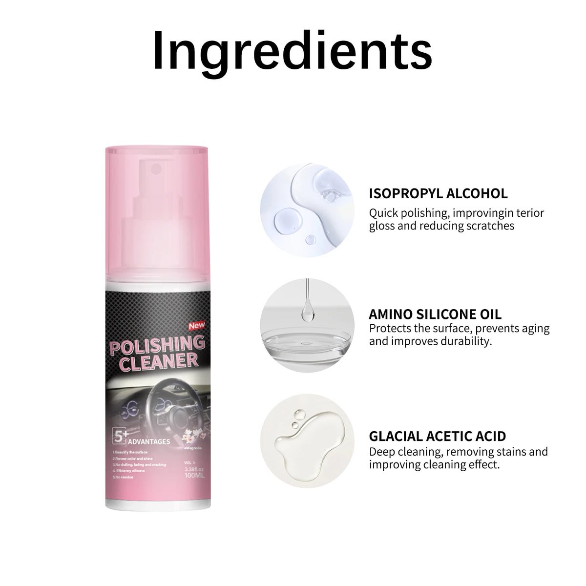A bottle of polishing cleaner with ingredients listed, showing isopropyl alcohol, amino silicone oil, and glacial acetic acid