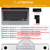 Attention graphic showing a MacBook keyboard layout and an EU layout, with a note to check the model number before purchase.
