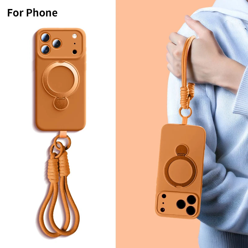 A magnetic silicone phone case in a tan color with a kickstand and lanyard shown against a light background.