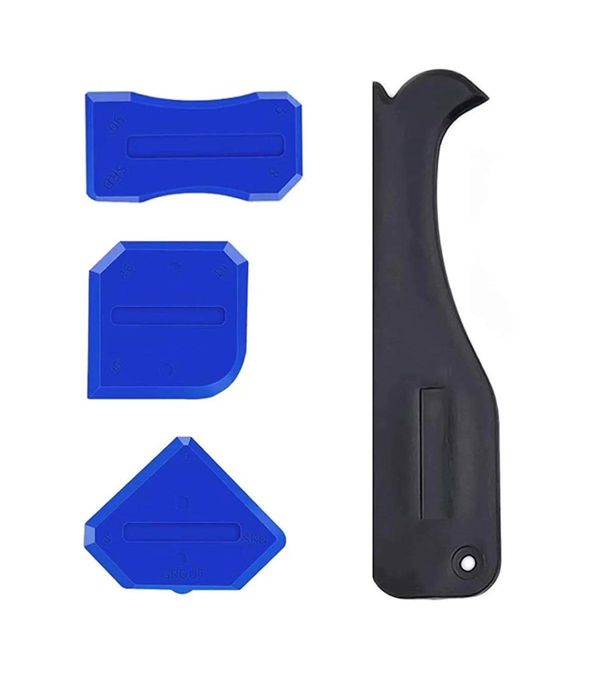A set of five blue and black multi-purpose caulking and sealing tools.