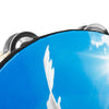 Close-up of a blue wooden hand tambourine with silver steel jingles against a white background.