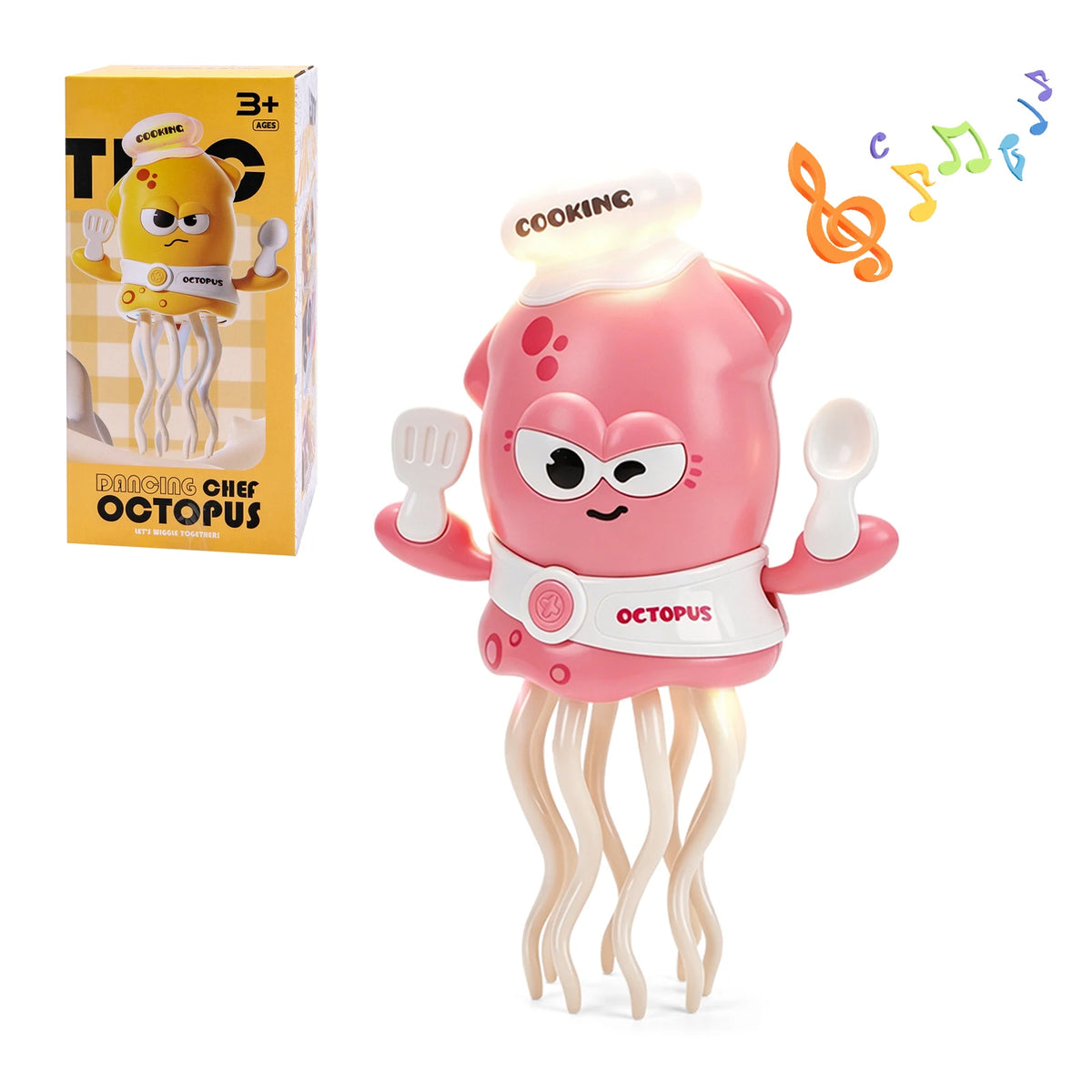 A pink octopus toy with a cooking theme and tentacles, shown next to its packaging.