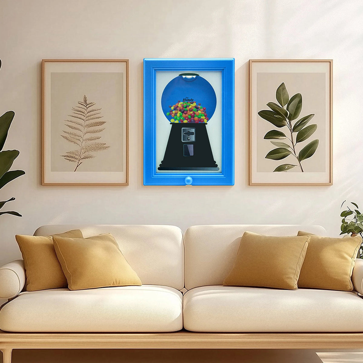 A vintage rotating candy display frame with a blue glass cover and a gold-framed botanical print on a white wall.