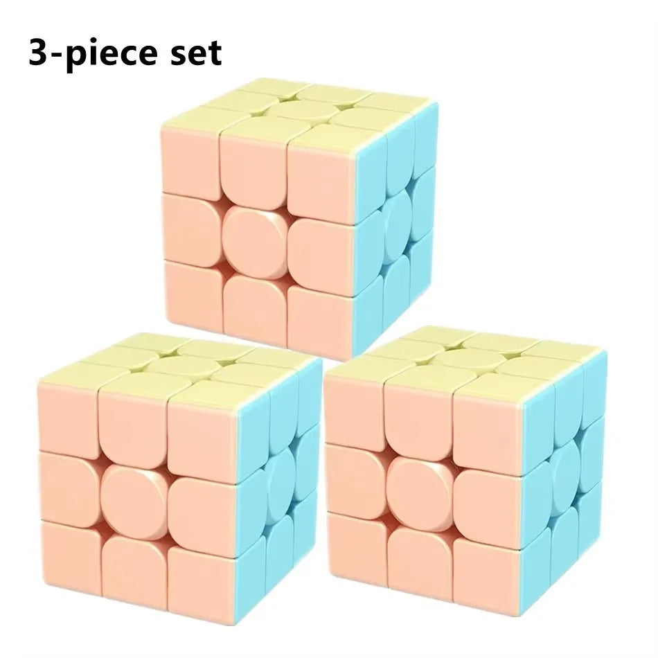 A 3-piece set of pink and blue cube puzzle pieces for a speed cube.