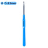 A blue D-3.5mm crochet hook with an ergonomic handle.