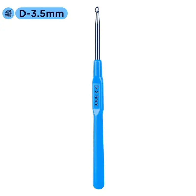A blue D-3.5mm crochet hook with an ergonomic handle.