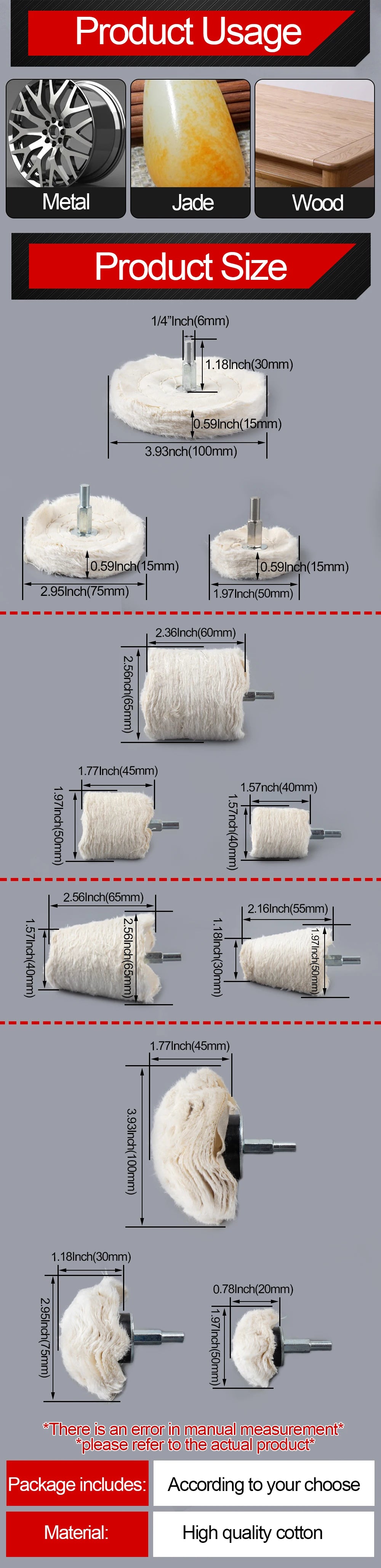 A set of cotton polishing buffing wheels with 1/4 inch shank and various sizes shown for use with a drill.