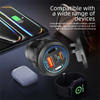 A 4-port USB car charger with an LED display and voltmeter is shown next to a smartphone, a power bank, and a fitness tracker