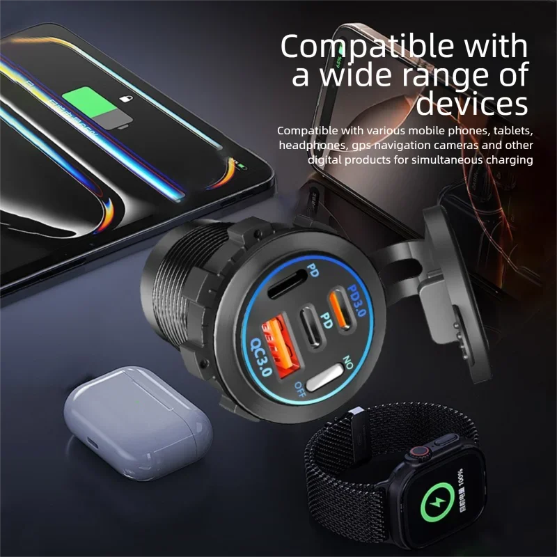 A 4-port USB car charger with an LED display and voltmeter is shown next to a smartphone, a power bank, and a fitness tracker
