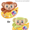 A musical animal piano toy for toddlers featuring a brown monkey and a green lemur, with colorful buttons and lights.