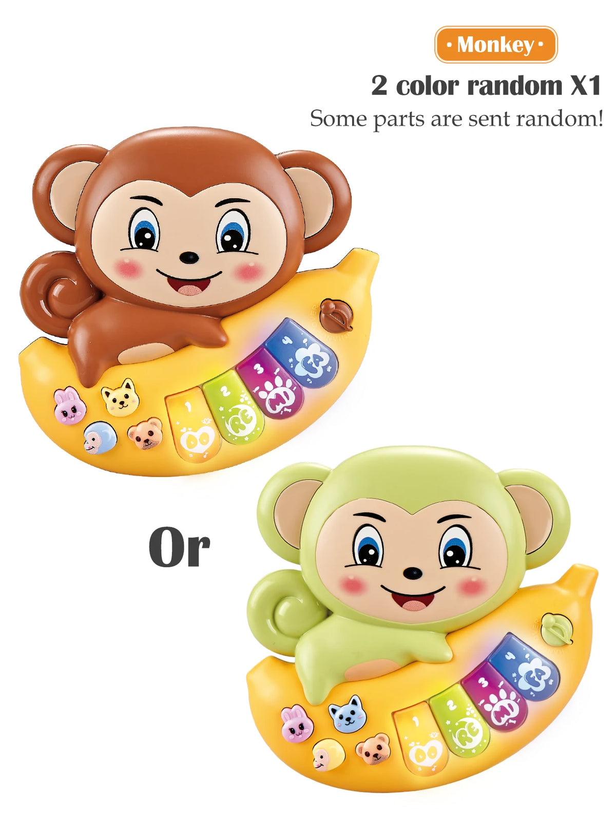 A musical animal piano toy for toddlers featuring a brown monkey and a green lemur, with colorful buttons and lights.