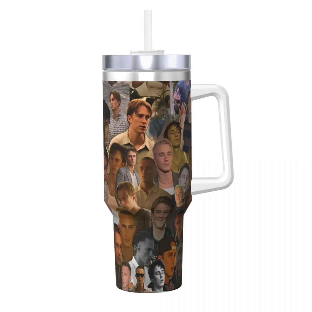 A stainless steel tumbler with a clear lid featuring a collage of various people's faces.