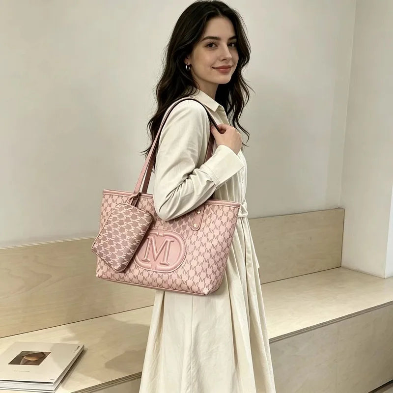 Geometric Print Tote Bag with Matching Coin Purse