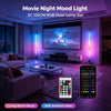 A modern living room scene featuring a purple and blue LED floor lamp bar illuminating a TV screen and decor.