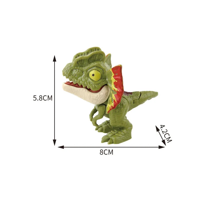 A green interactive finger biting dinosaur toy resembling a Triceratops or Tyrannosaurus with an open mouth and red accents.