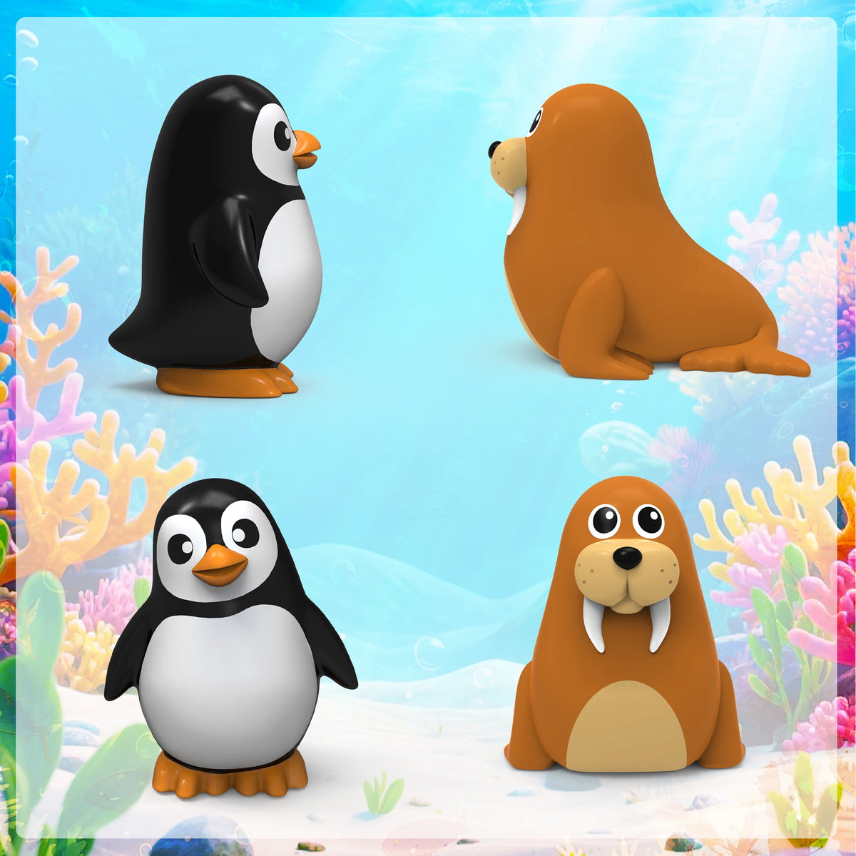 A set of eight wind-up sea animal bath toys including a black penguin and an orange bear in a snowy aquatic environment.