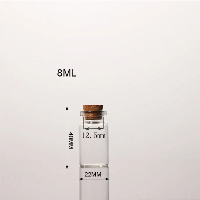A clear glass bottle with a cork stopper is shown next to a measurement scale, indicating an 8mL volume and dimensions of 12.