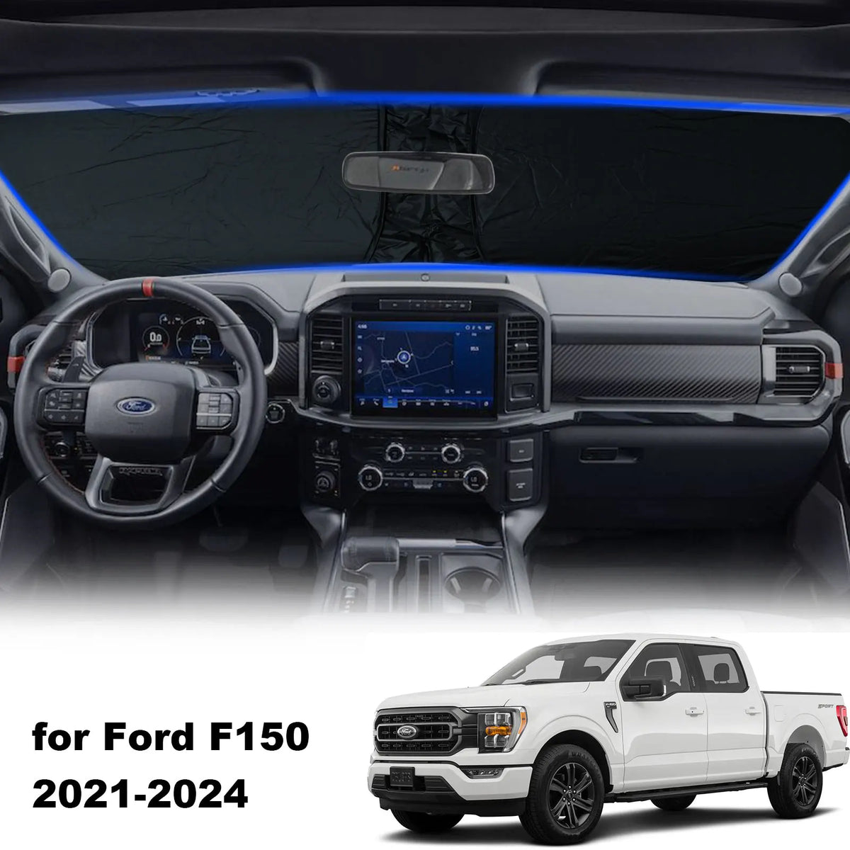 Interior view of a Ford F150 showing the dashboard and steering wheel with a sunshade installed.